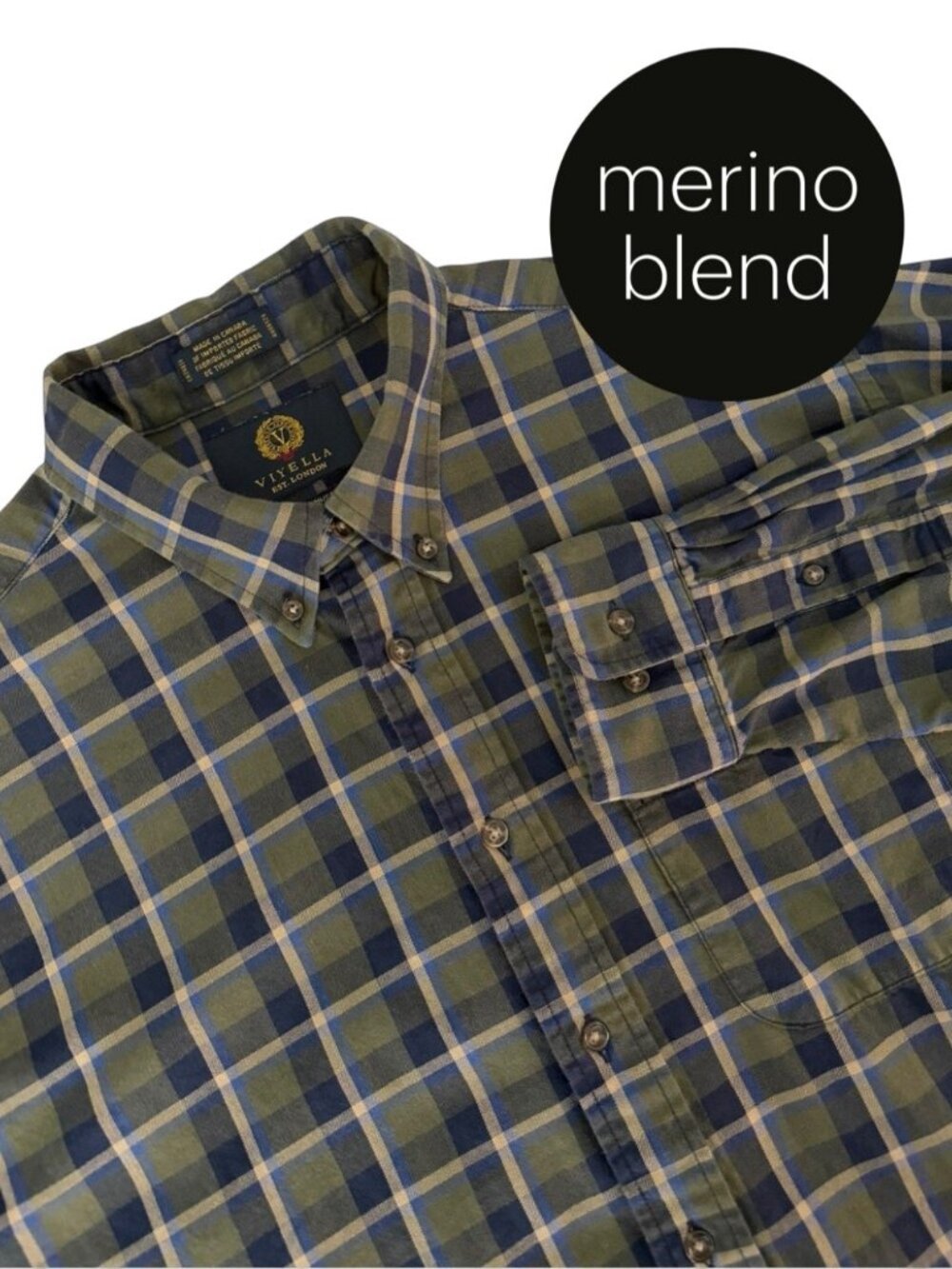 VIYELLA Olive Blue Plaid Cotton Merino Wool Blend Shirt size XL